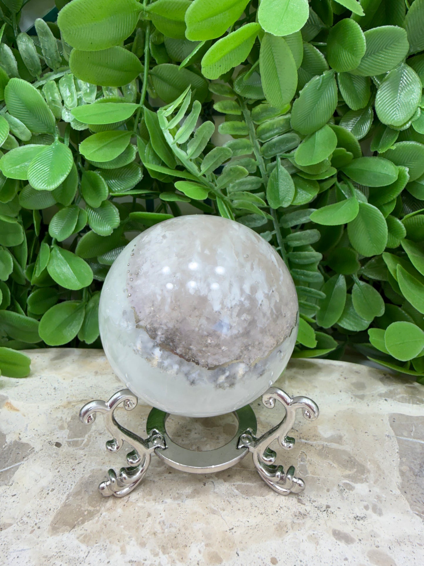 White Fluorite with Pyrite Sphere 394g