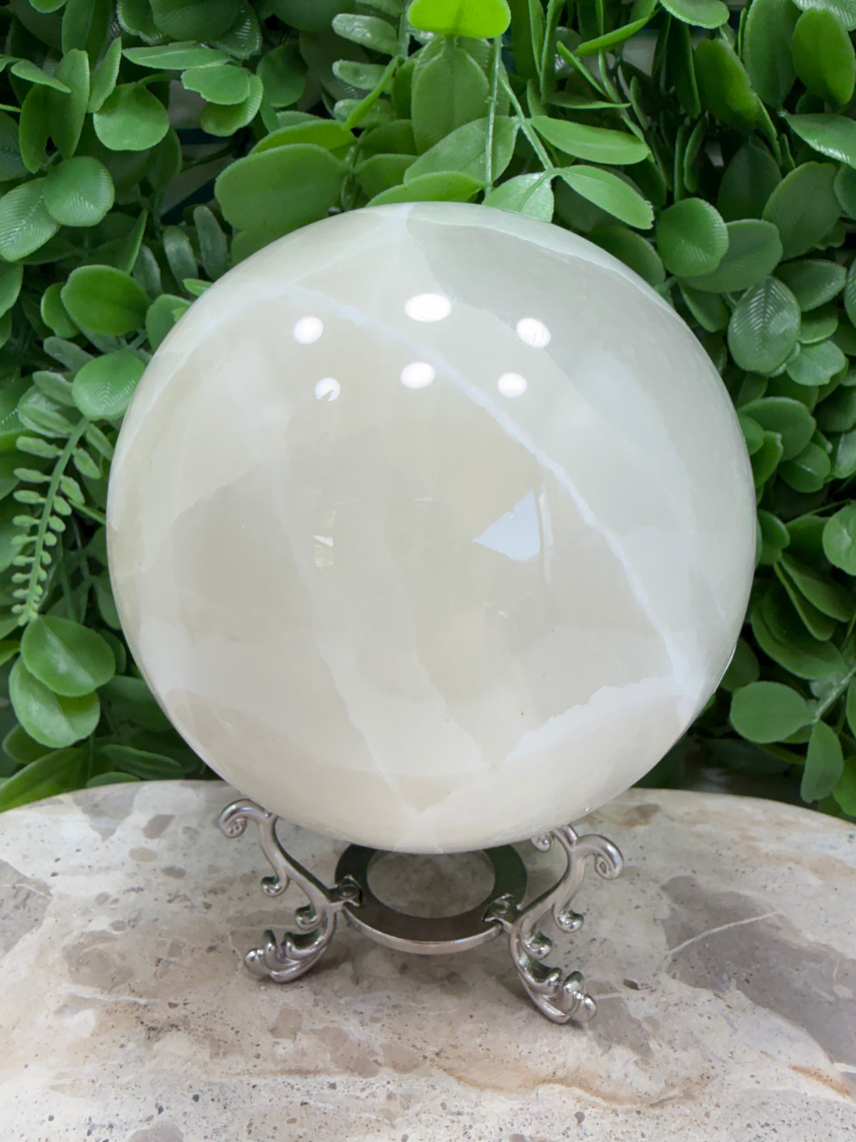 Dendritic Silky White Calcite Sphere 1980g | Calm • Clarity • Balance