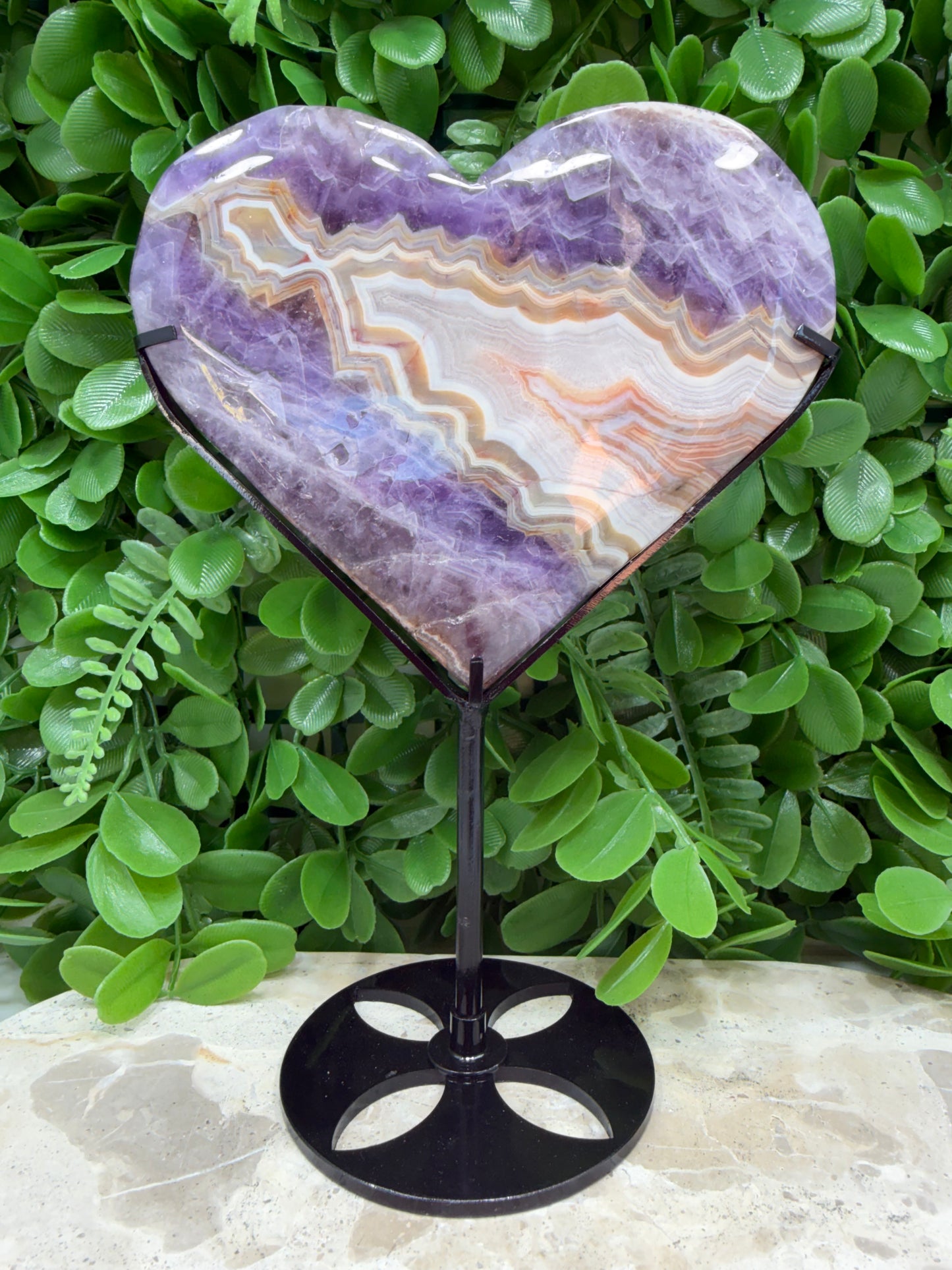 Amethyst Mexican Agate Heart with Stand 478g