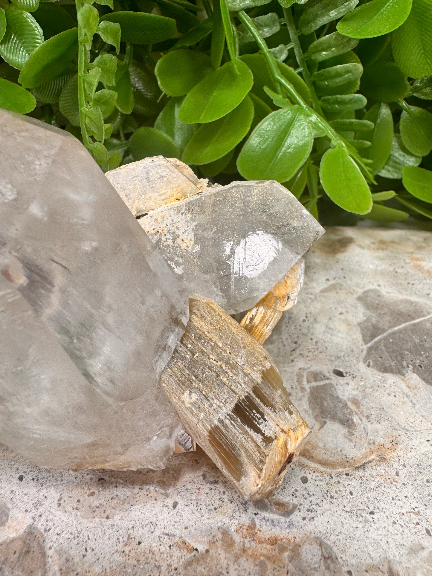 Clear Quartz On Golden Mica With Green Tormaline Rutile 262g