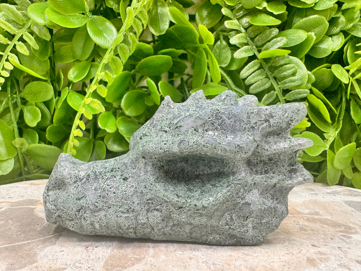 Moss Agate Dragon Skull 270g