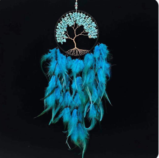 Dyed Blue Howlite Crystal Gem Dreamcatcher with Turquoise Feathers