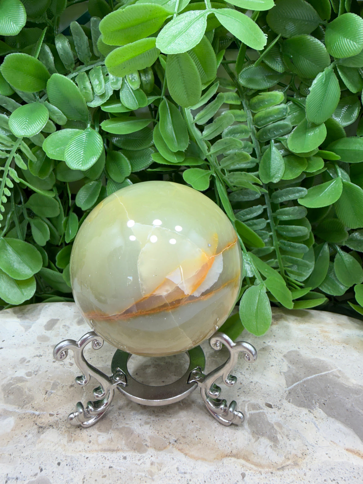 Green Onyx with White Calcite Sphere 368g