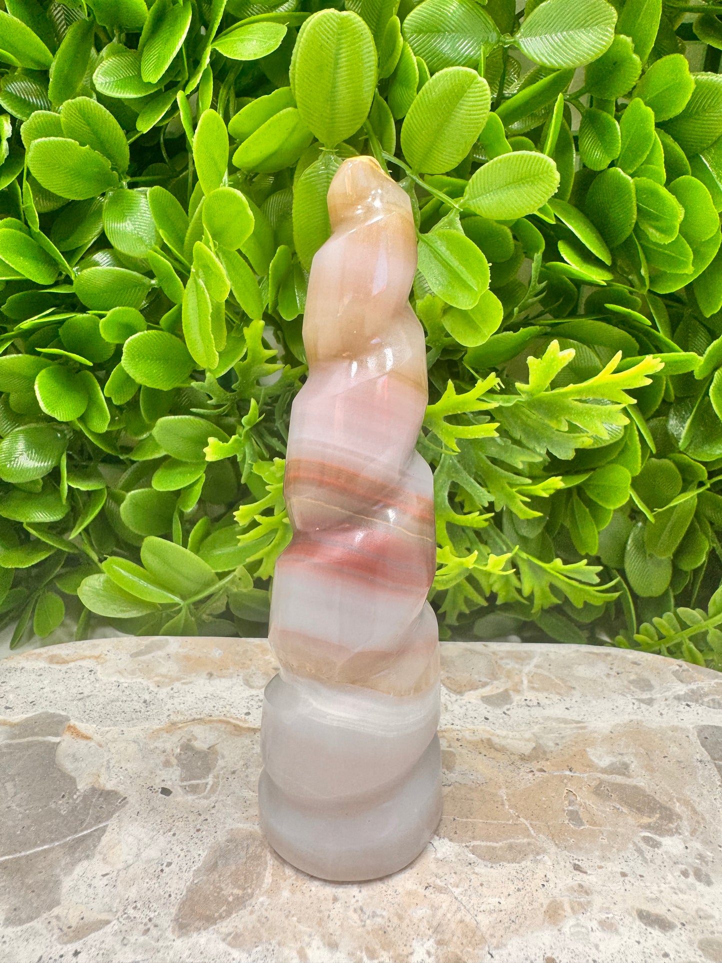Pink Pistachio Calcite Unicorn Tower 236g