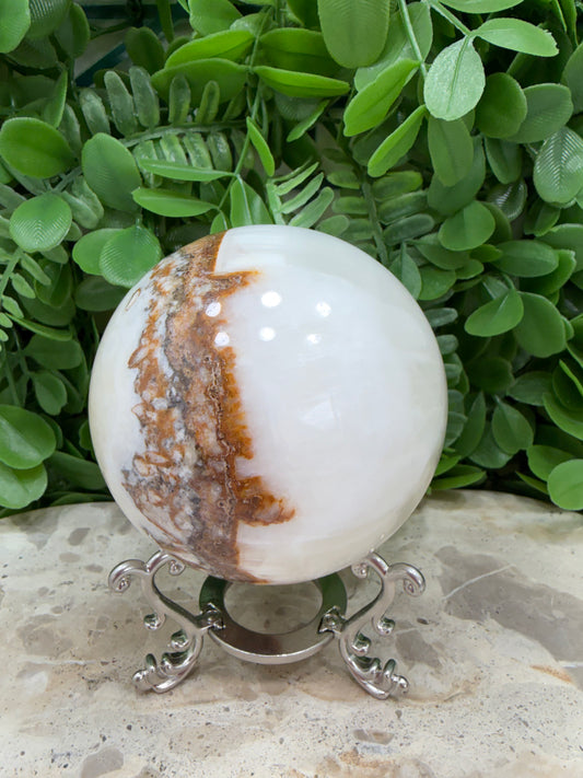 Dendritic Silky White Calcite Sphere | Calm • Clarity • Balance