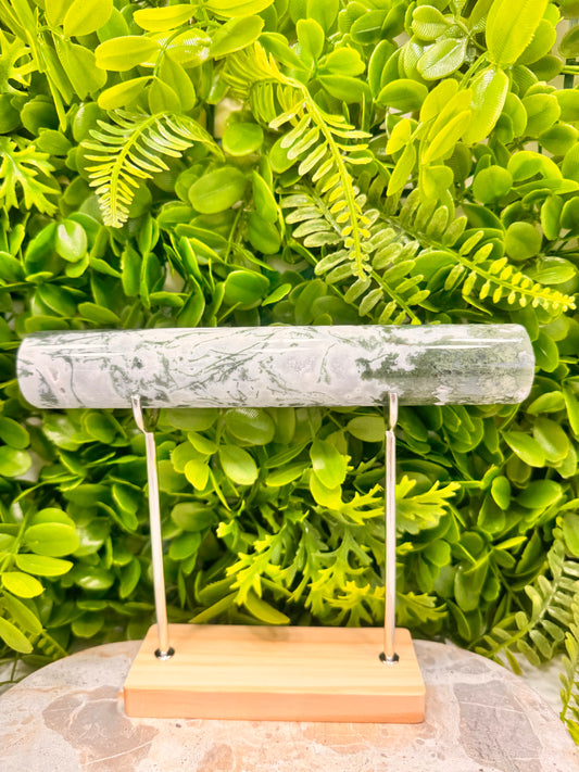 Moss Agate Cylinder & Stand 528g