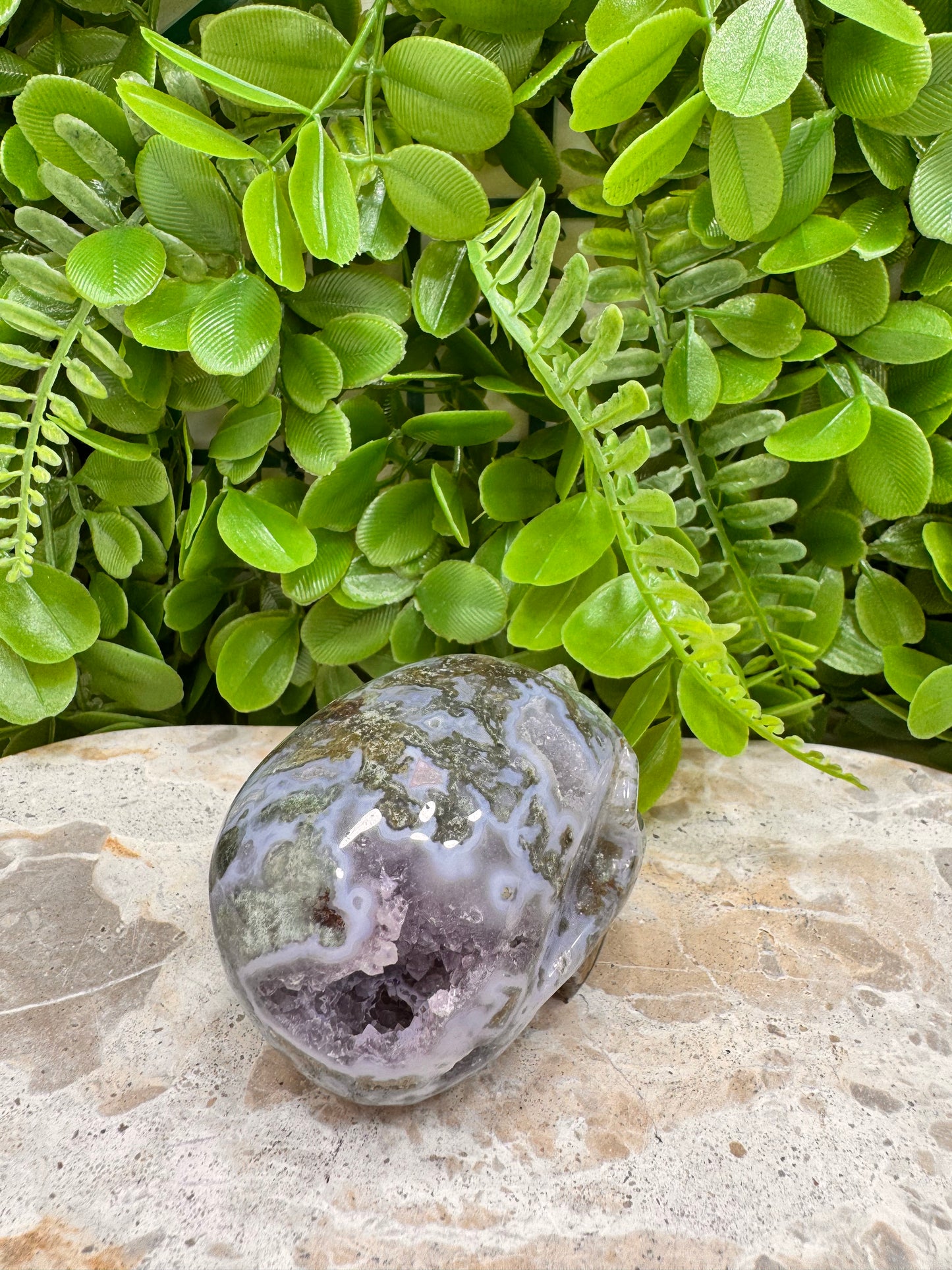 Moss Agate Druzy Skull 268g