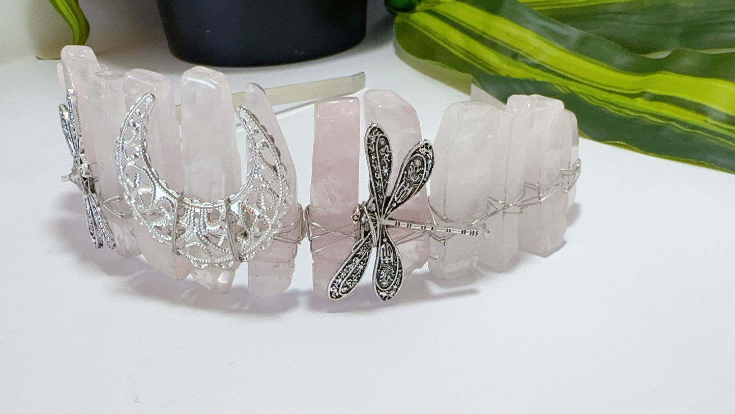Rose Quartz with Dragonfly and Moon Tiara