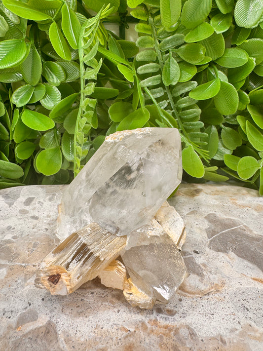 Clear Quartz On Golden Mica With Green Tormaline Rutile 262g