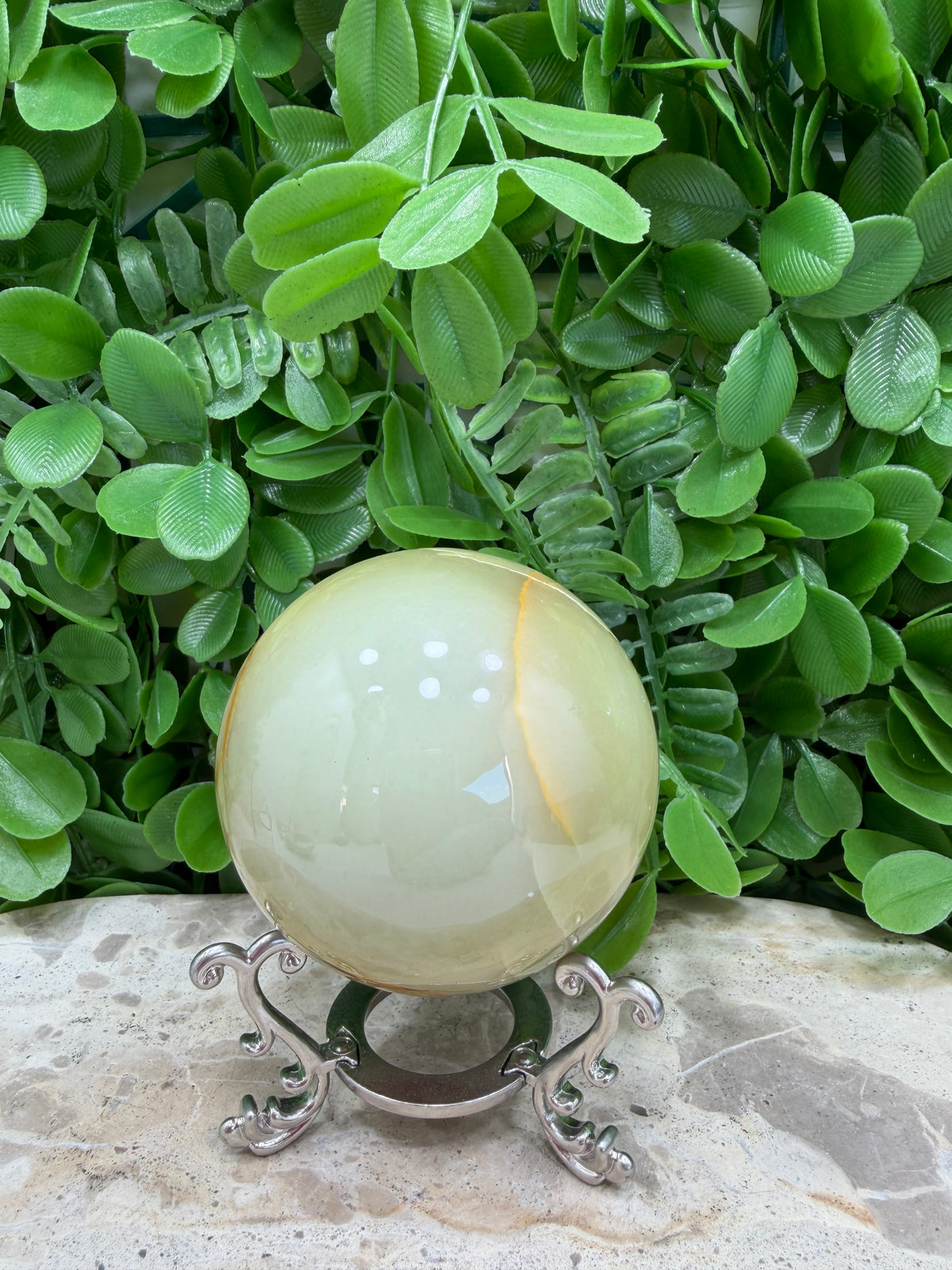 Green Onyx with White Calcite Sphere 456g