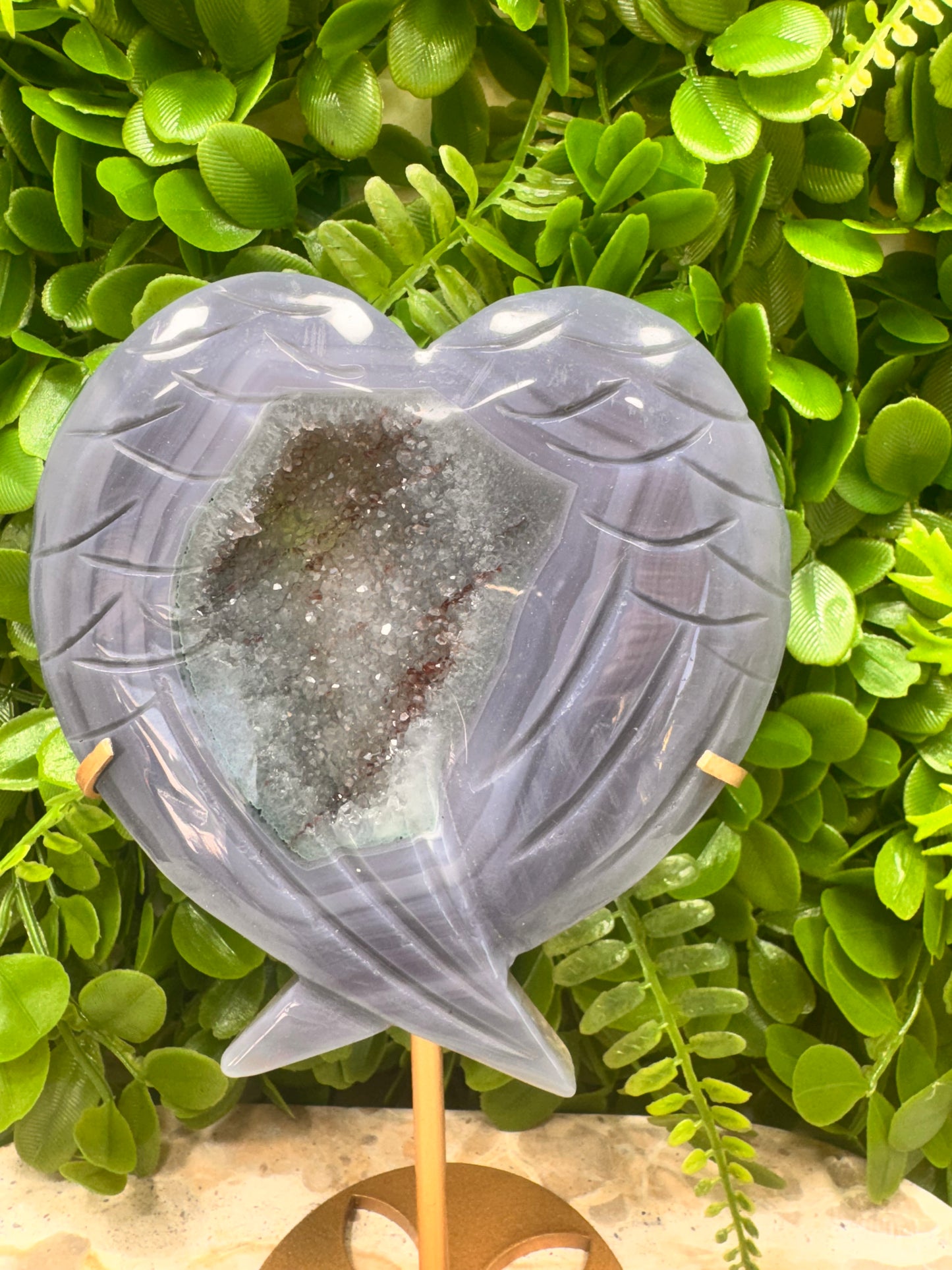 Druzy Agate With Amethyst Wings on Stand 420g