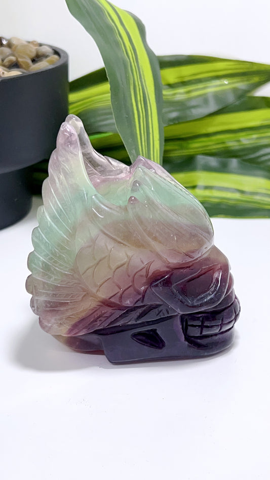 Rainbow Fluorite Dexter Winged Skull 836g