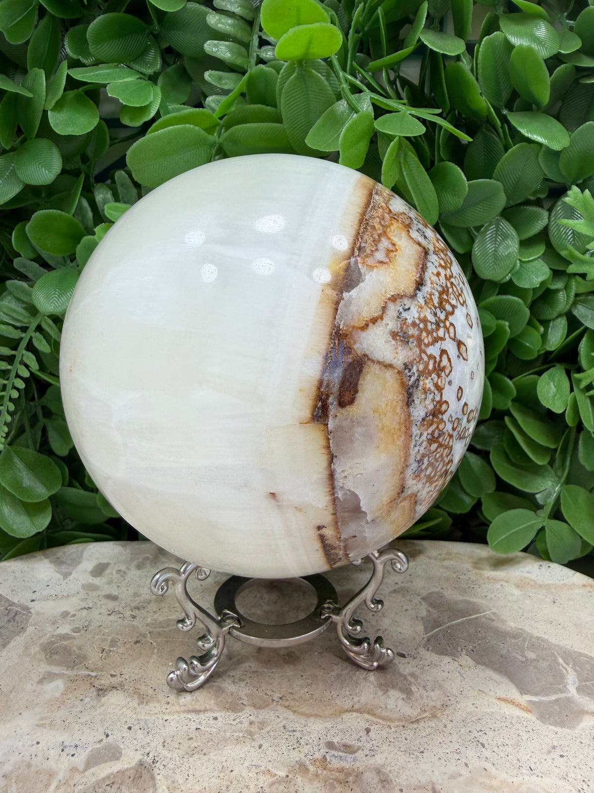 Dendritic Silky White Calcite Sphere 2246g | Calm • Clarity • Balance