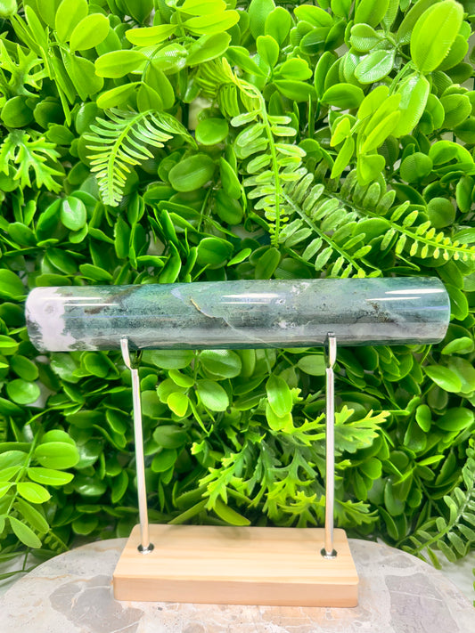 Moss Agate Cylinder & Stand 564g