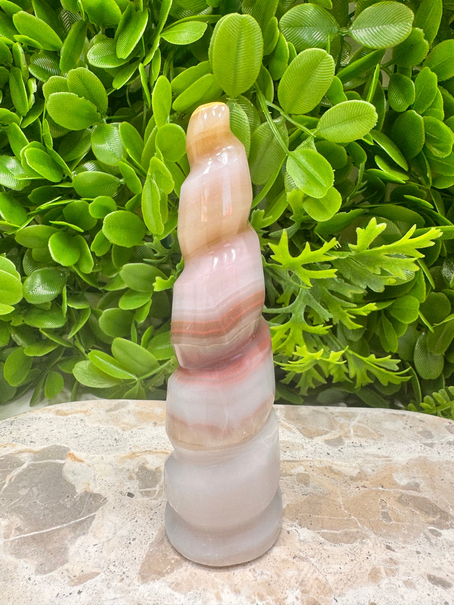 Pink Pistachio Calcite Unicorn Tower 236g