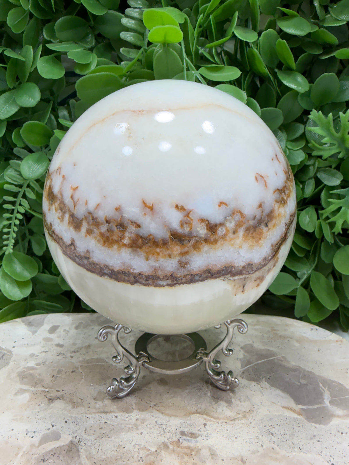 Dendritic Silky White Calcite Sphere 2472g | Calm • Clarity • Balance