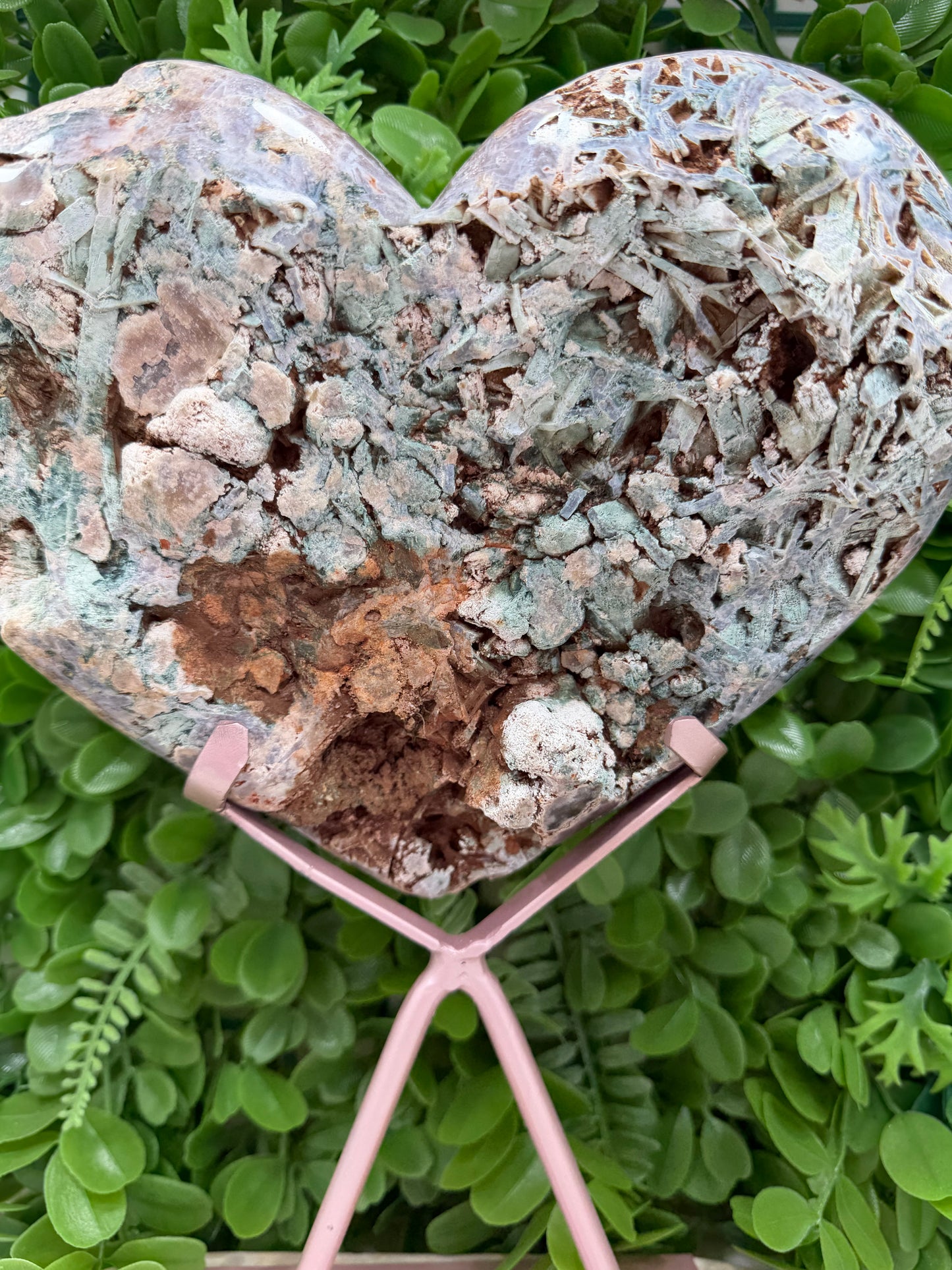 Pink Amethyst Rutile Heart with Stand 2252g