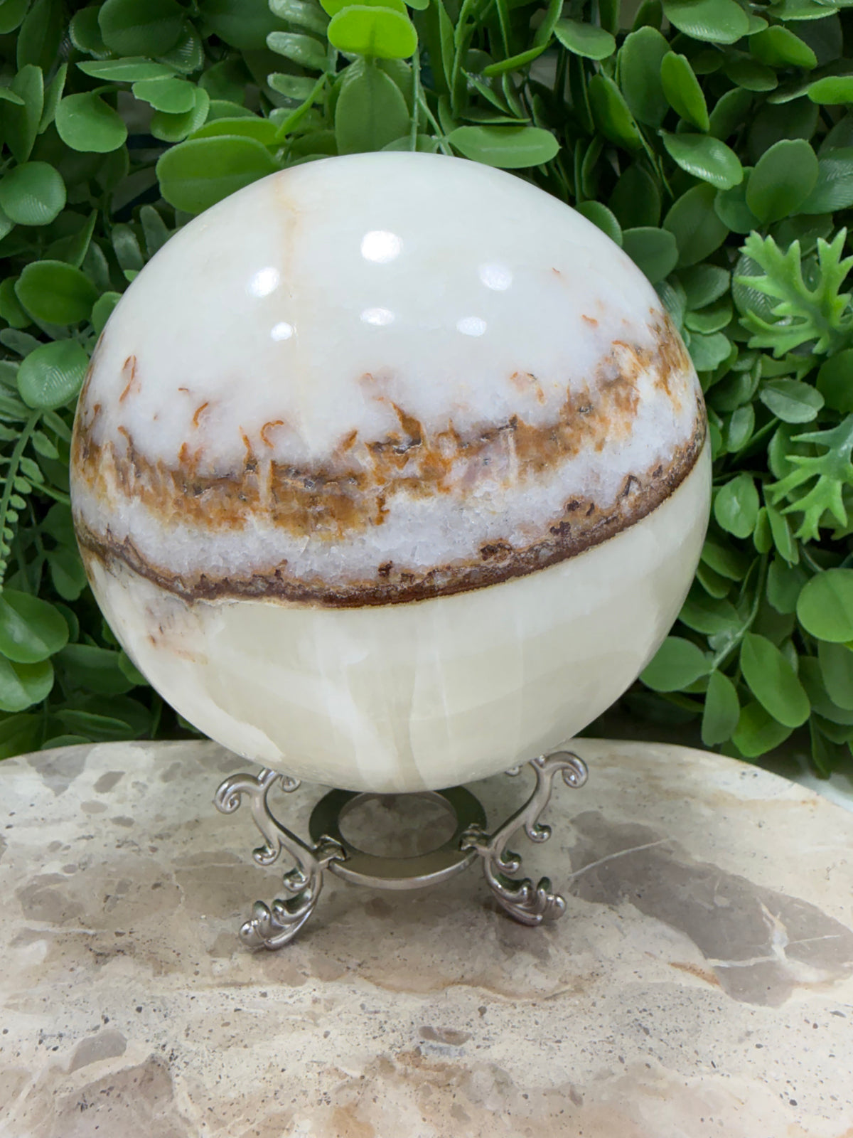 Dendritic Silky White Calcite Sphere 2472g | Calm • Clarity • Balance