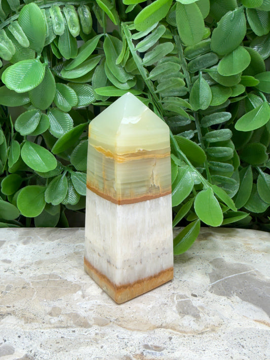 Green Onyx with White Calcite Tower | Protection • Strength • Grounding