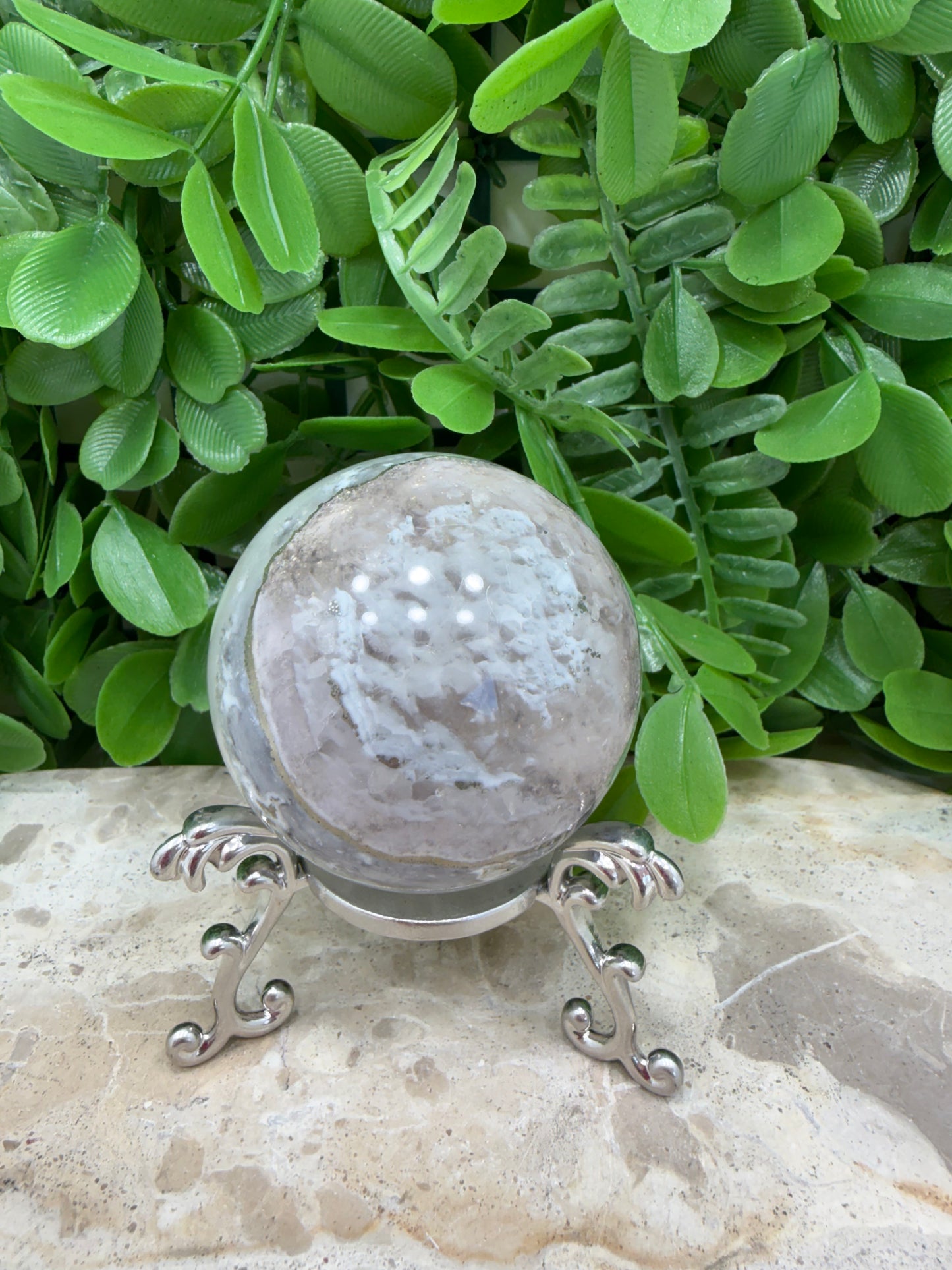 White Fluorite with Pyrite Sphere 302g