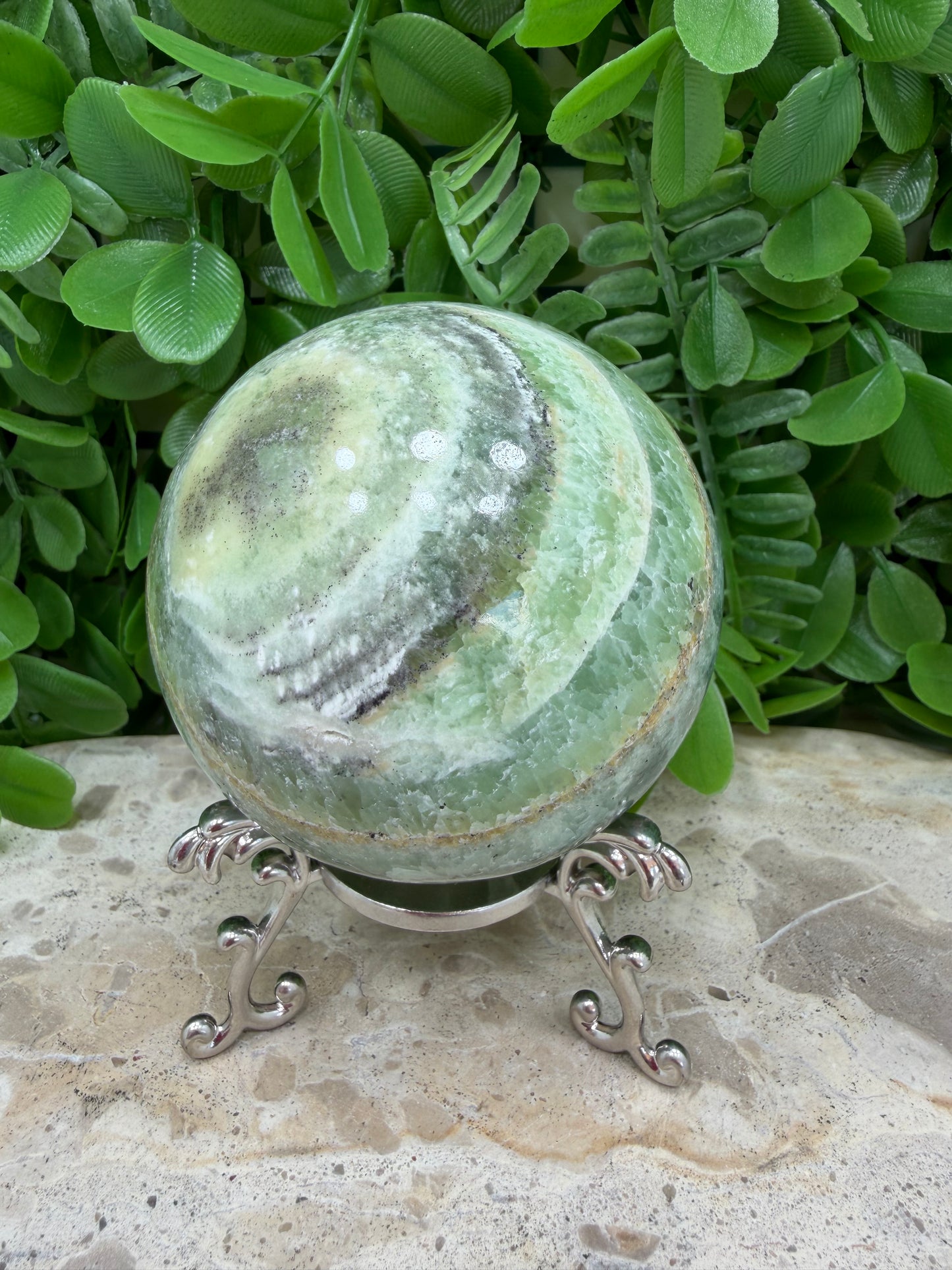 Emerald Kiwi Calcite Sphere 594g