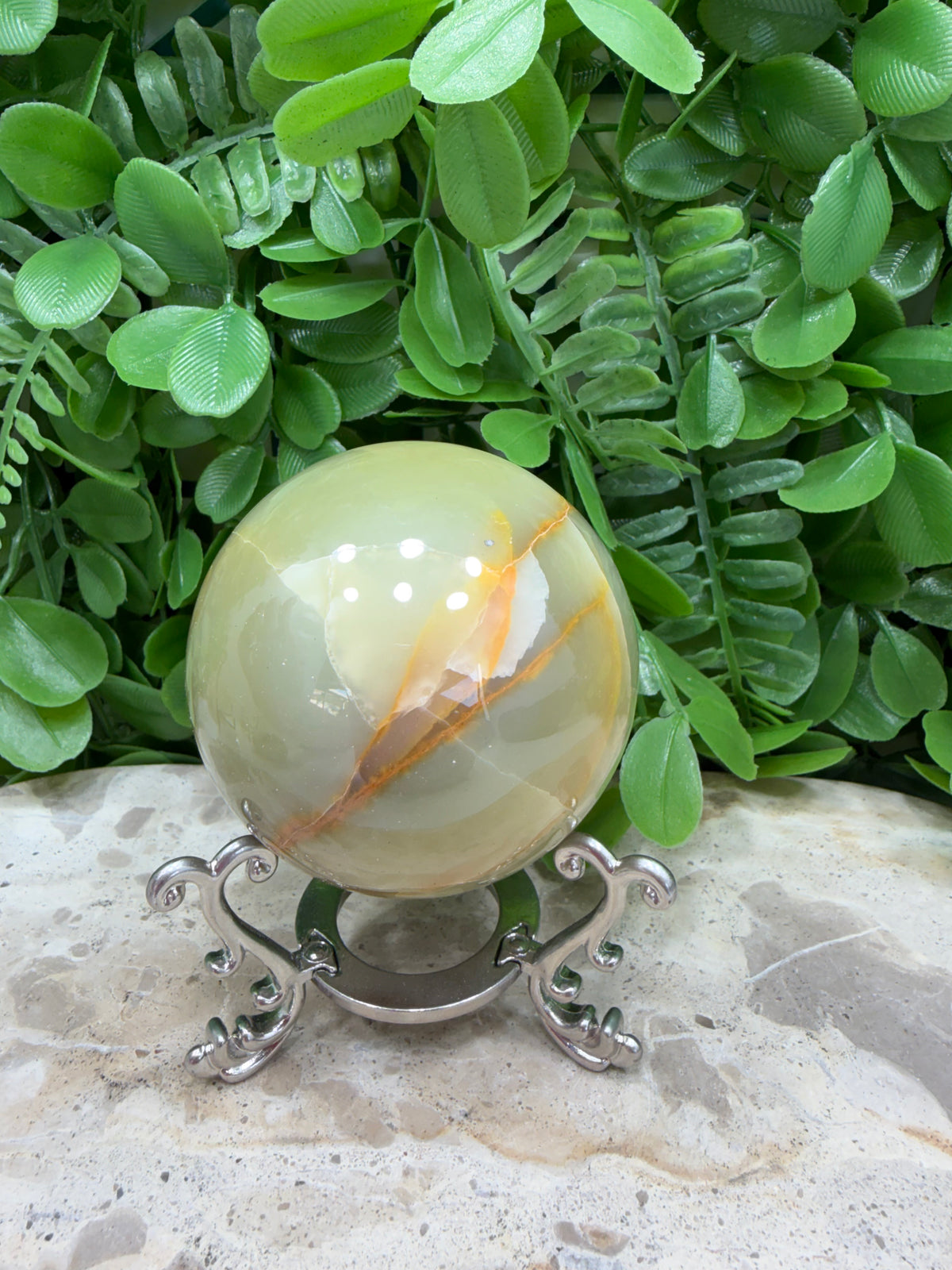 Green Onyx with White Calcite Sphere 368g