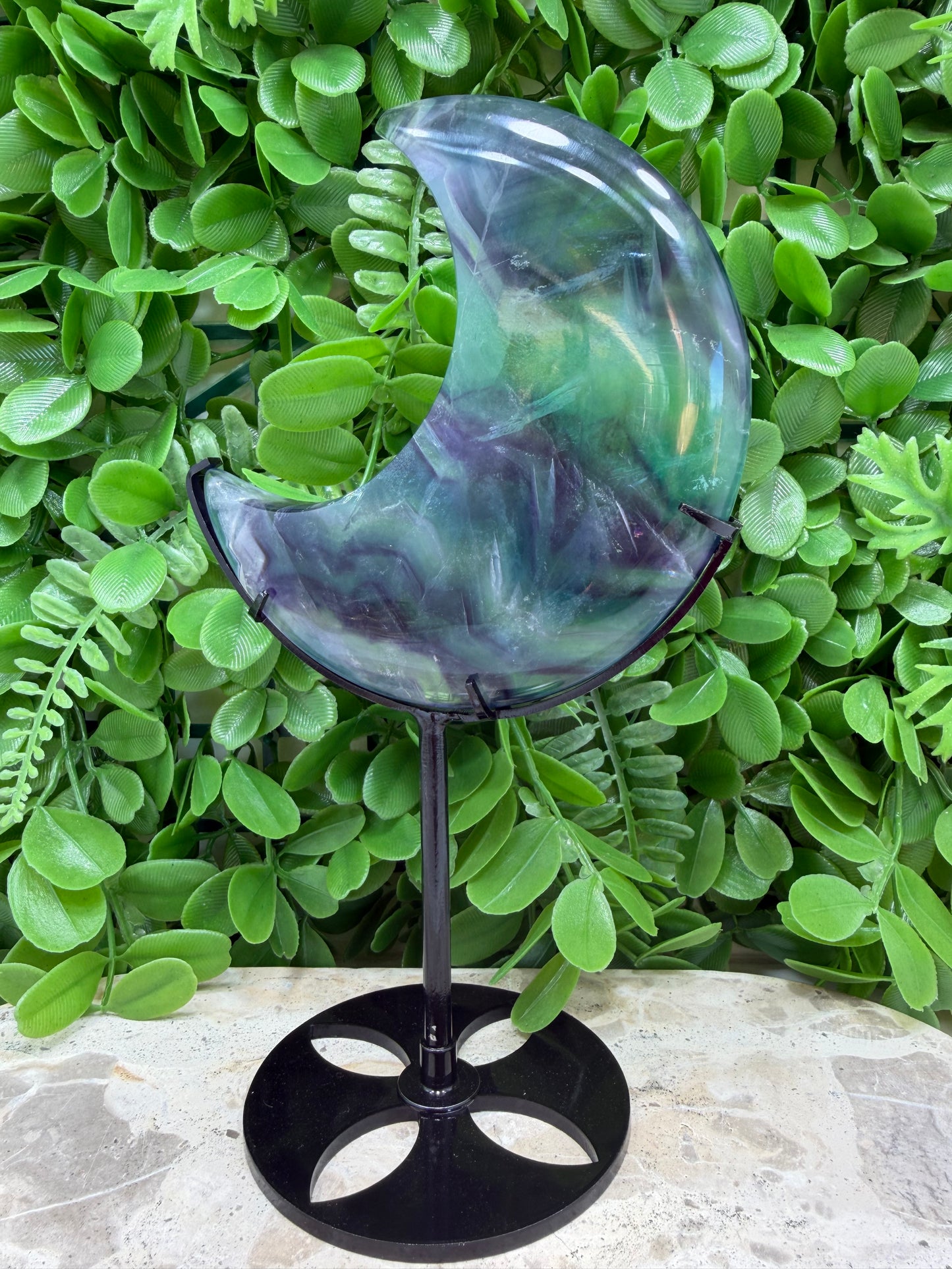 Fluorite Moon with Stand 348g