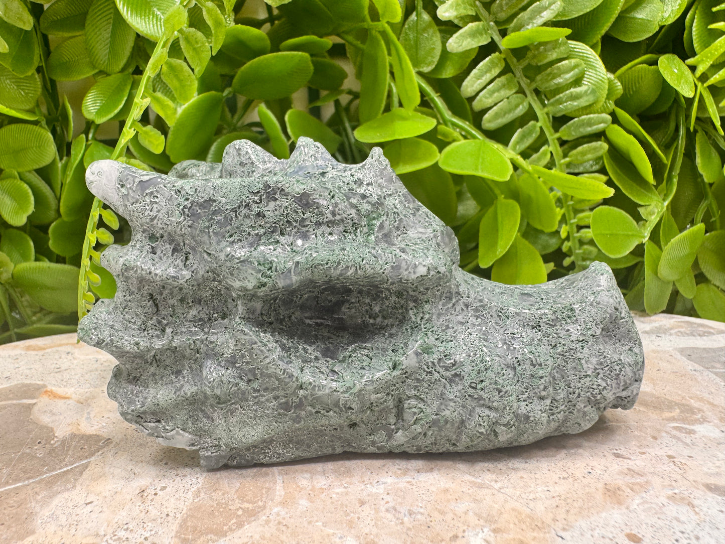 Moss Agate Dragon Skull 270g