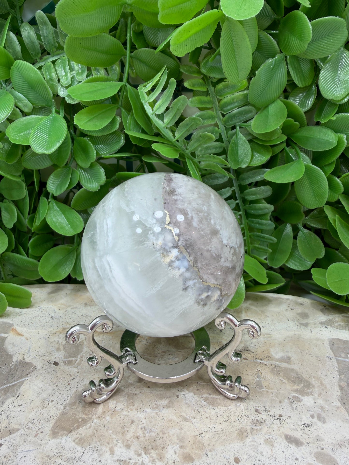 White Fluorite with Pyrite Sphere 394g