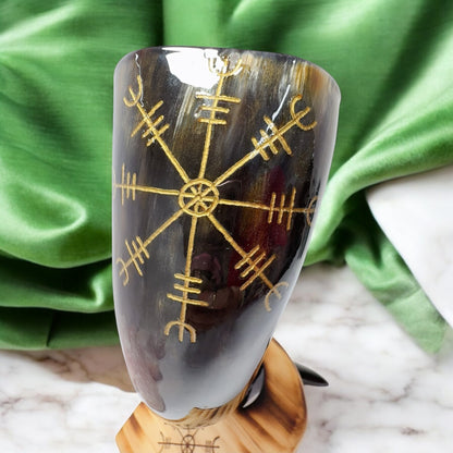 Pagan Compass [vegvisir Drinking Horn with Wooden Stand 300g