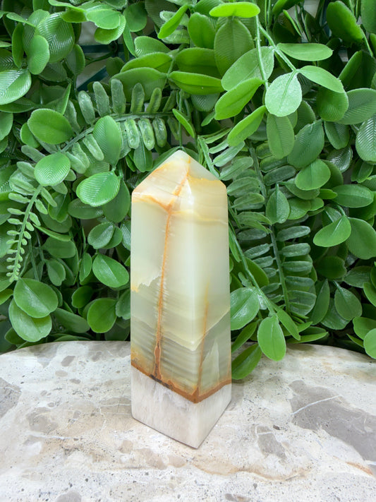 Green Onyx with White Calcite Tower | Protection • Strength • Grounding