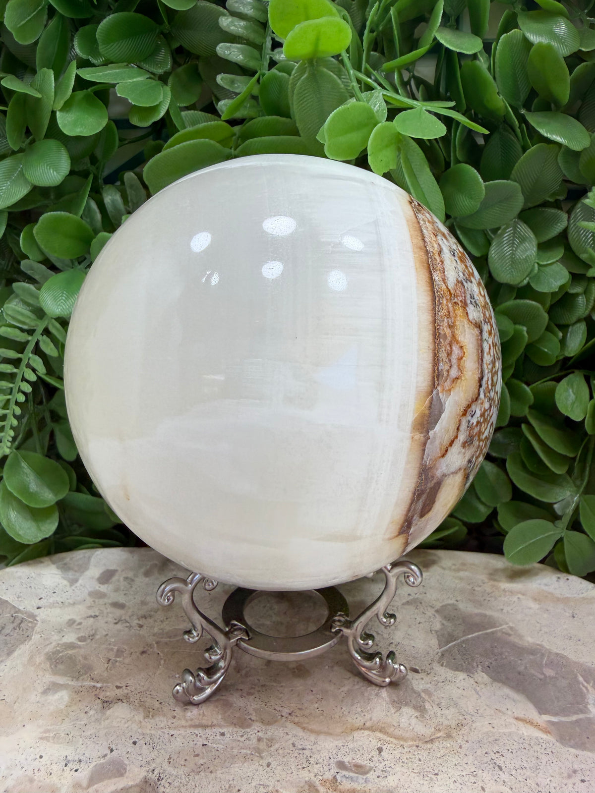 Dendritic Silky White Calcite Sphere 2246g | Calm • Clarity • Balance