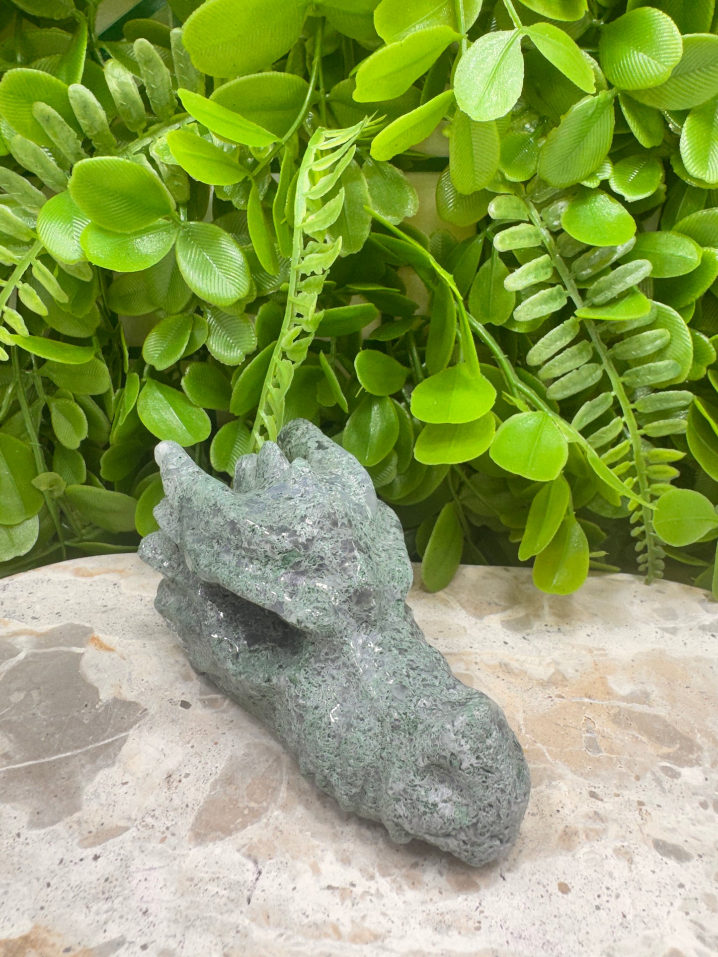 Moss Agate Dragon Skull 270g