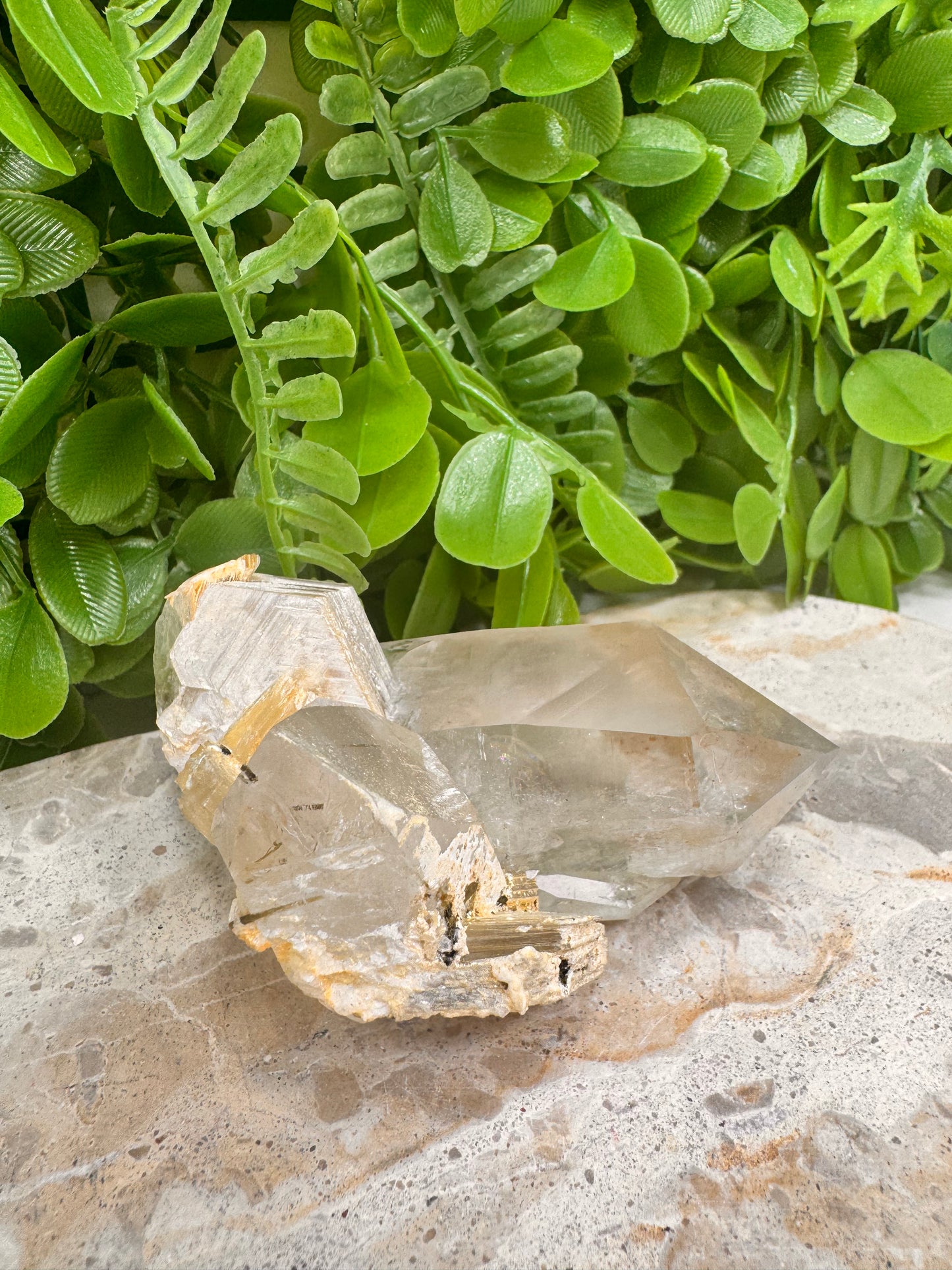 Clear Quartz On Golden Mica With Green Tormaline Rutile 262g