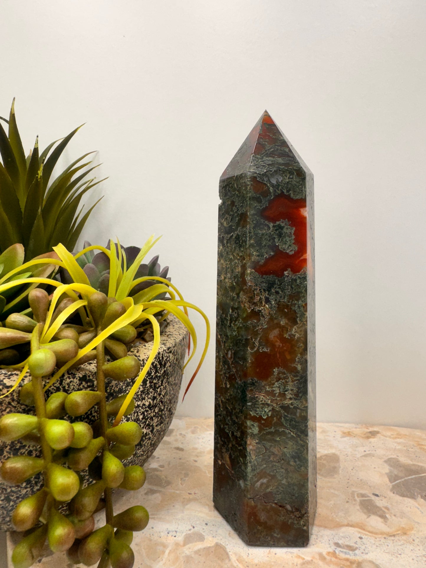 Moss Agate with Carnelian Tower 510g