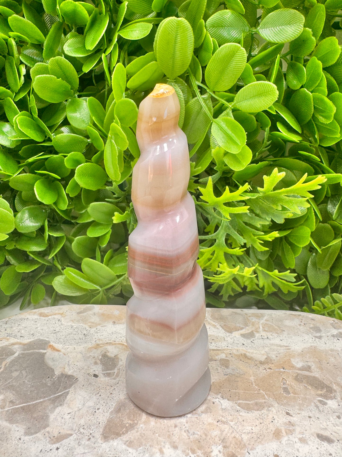 Pink Pistachio Calcite Unicorn Tower 236g