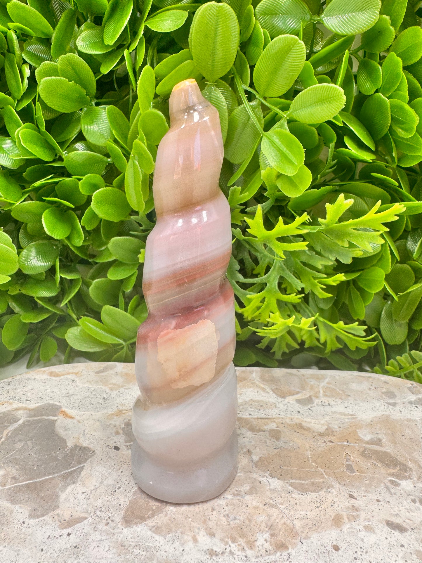 Pink Pistachio Calcite Unicorn Tower 244g