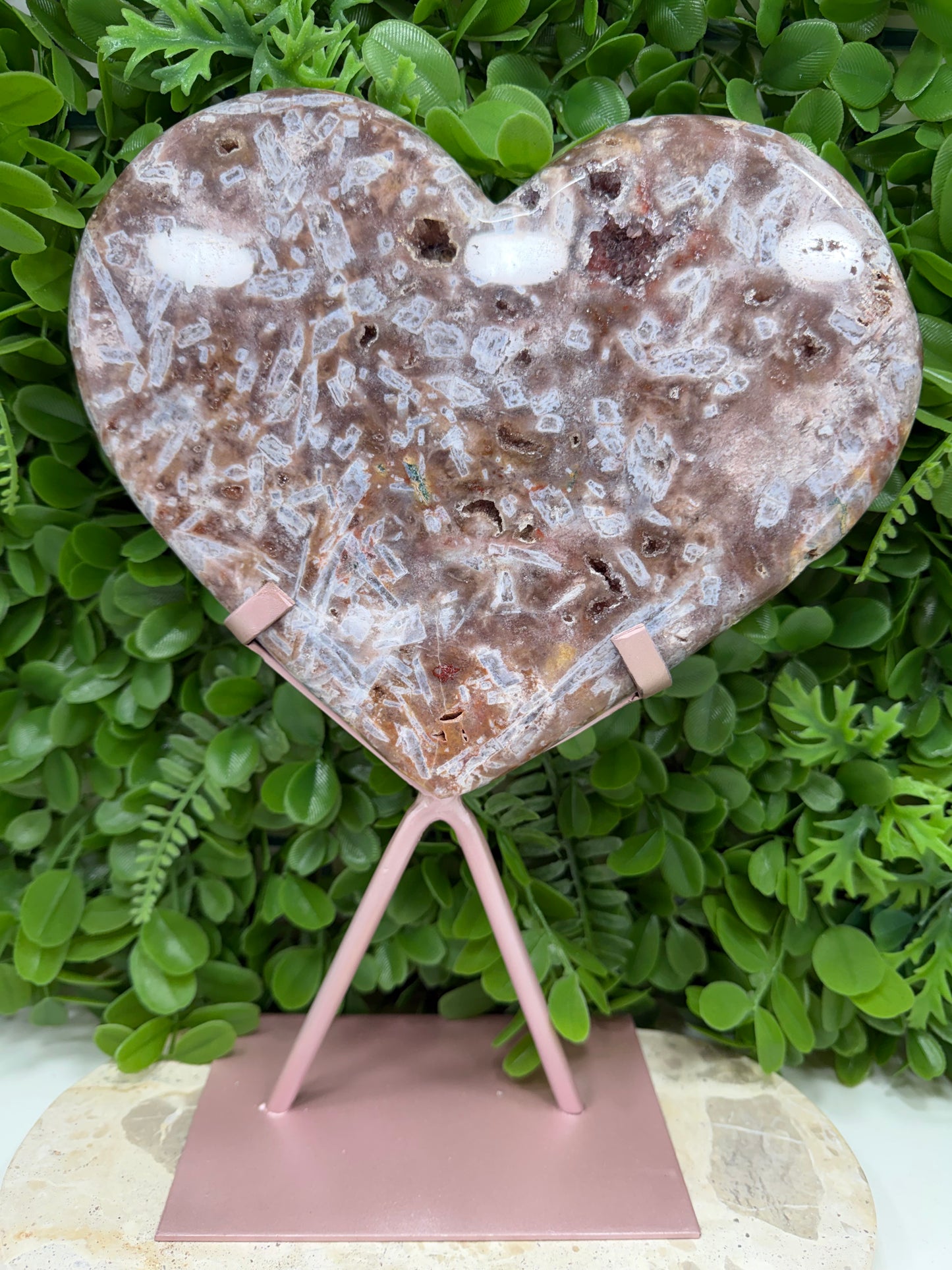 Pink Amethyst Rutile Heart with Stand 2252g