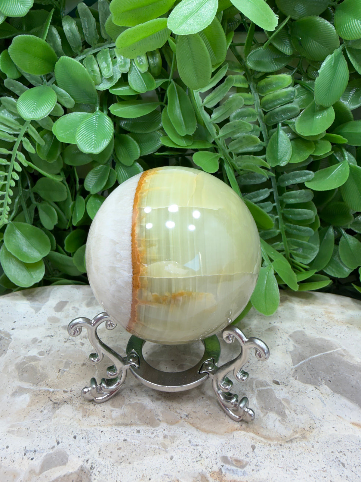 Green Onyx with White Calcite Sphere 368g