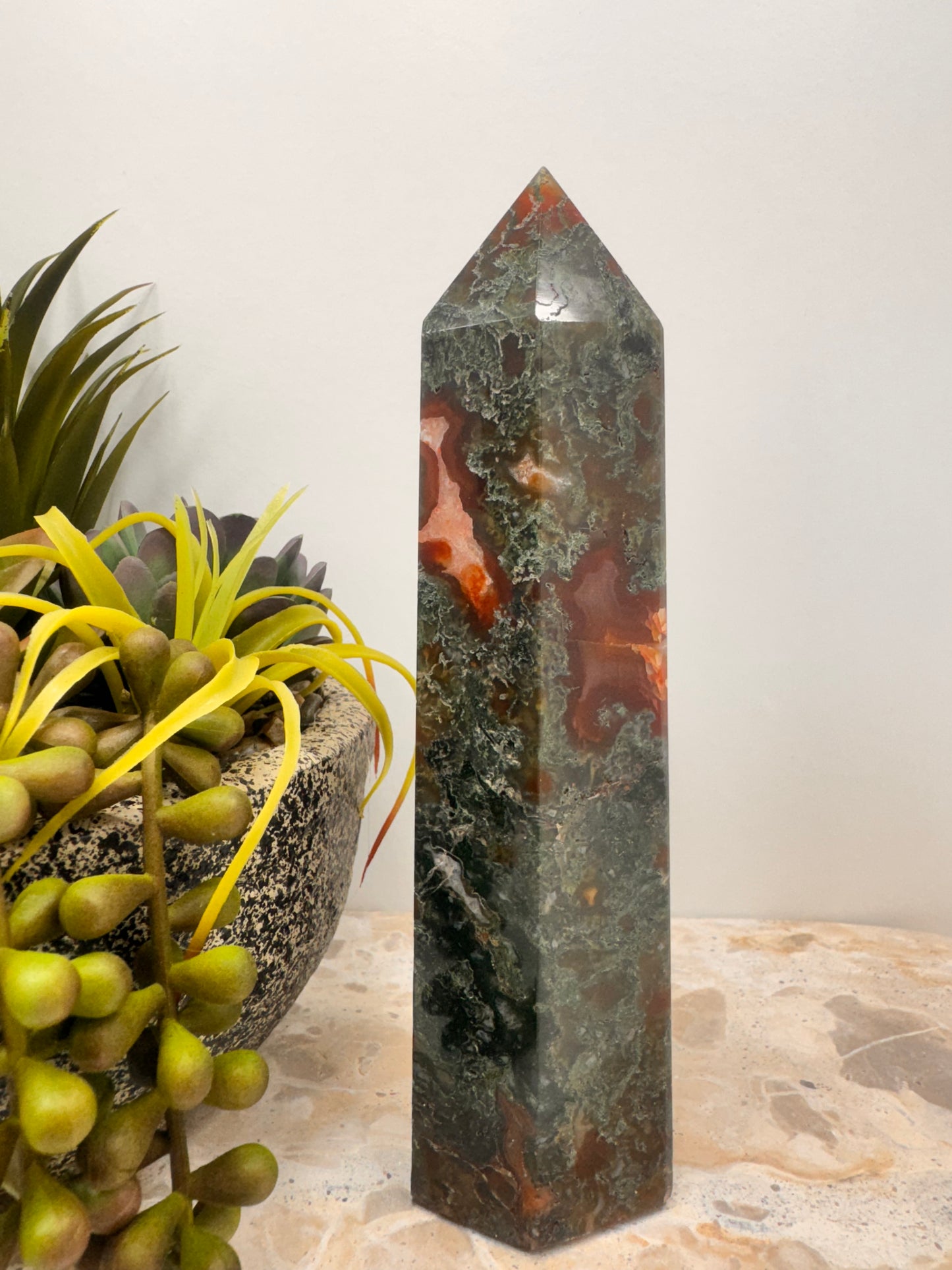Moss Agate with Carnelian Tower 510g