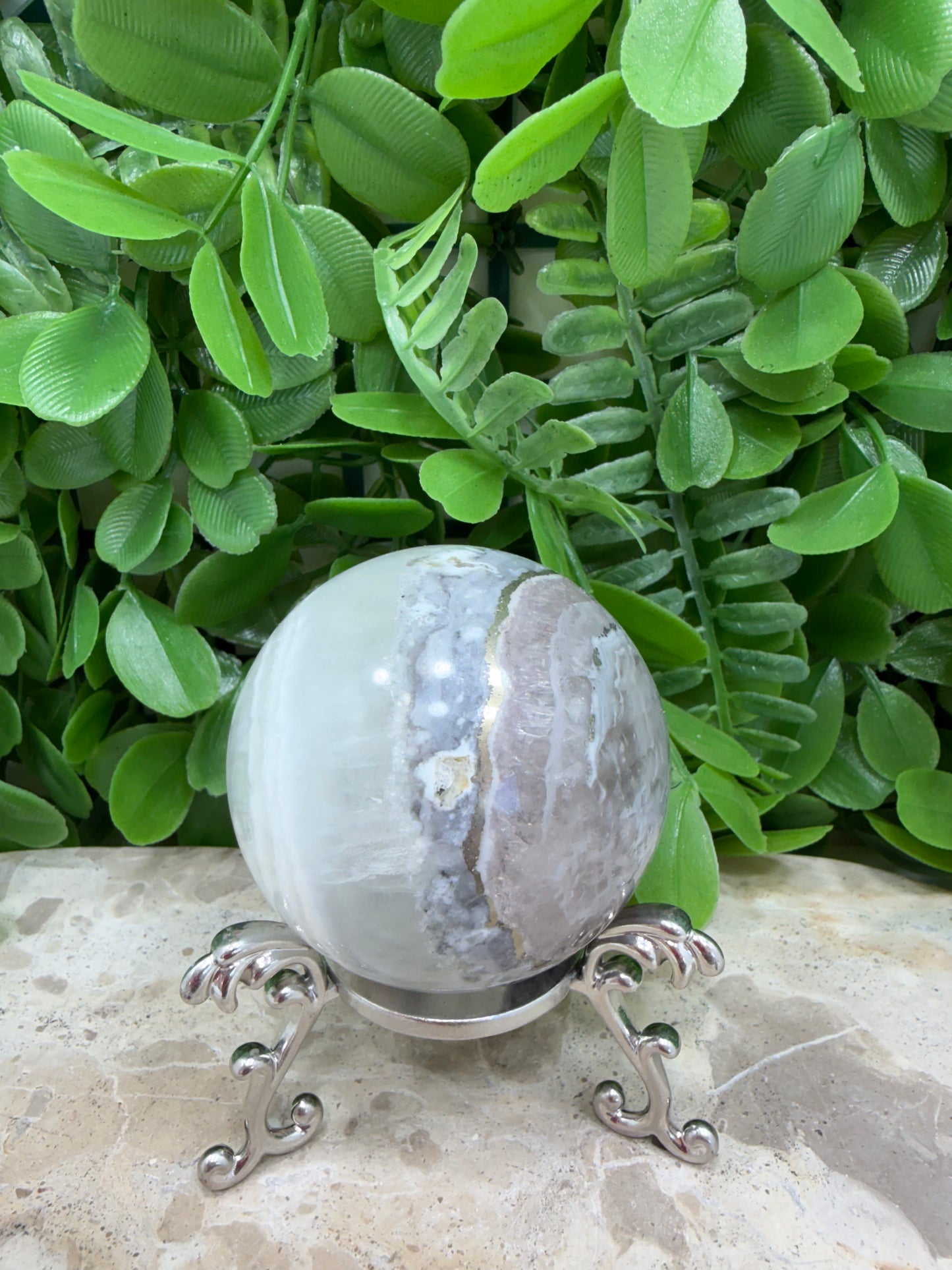 White Fluorite with Pyrite Sphere 302g