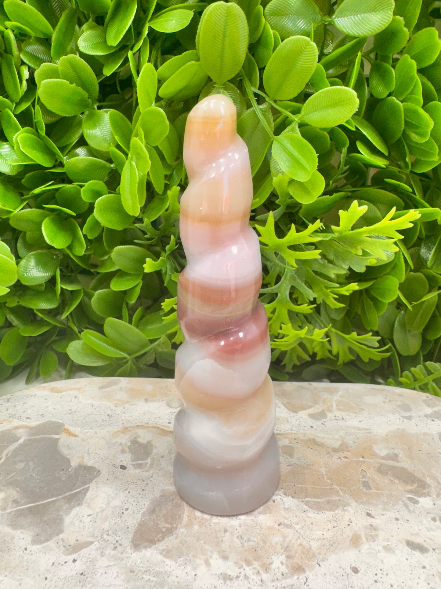 Pink Pistachio Calcite Unicorn Tower 238g