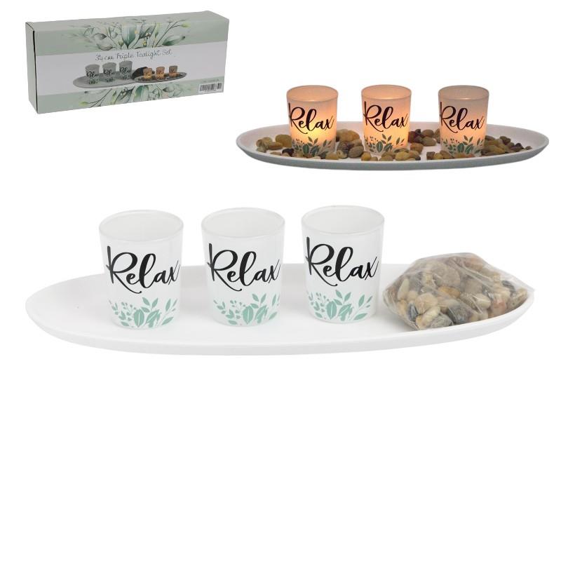 34cm Triple Tealights on Display with Relax Fern Print