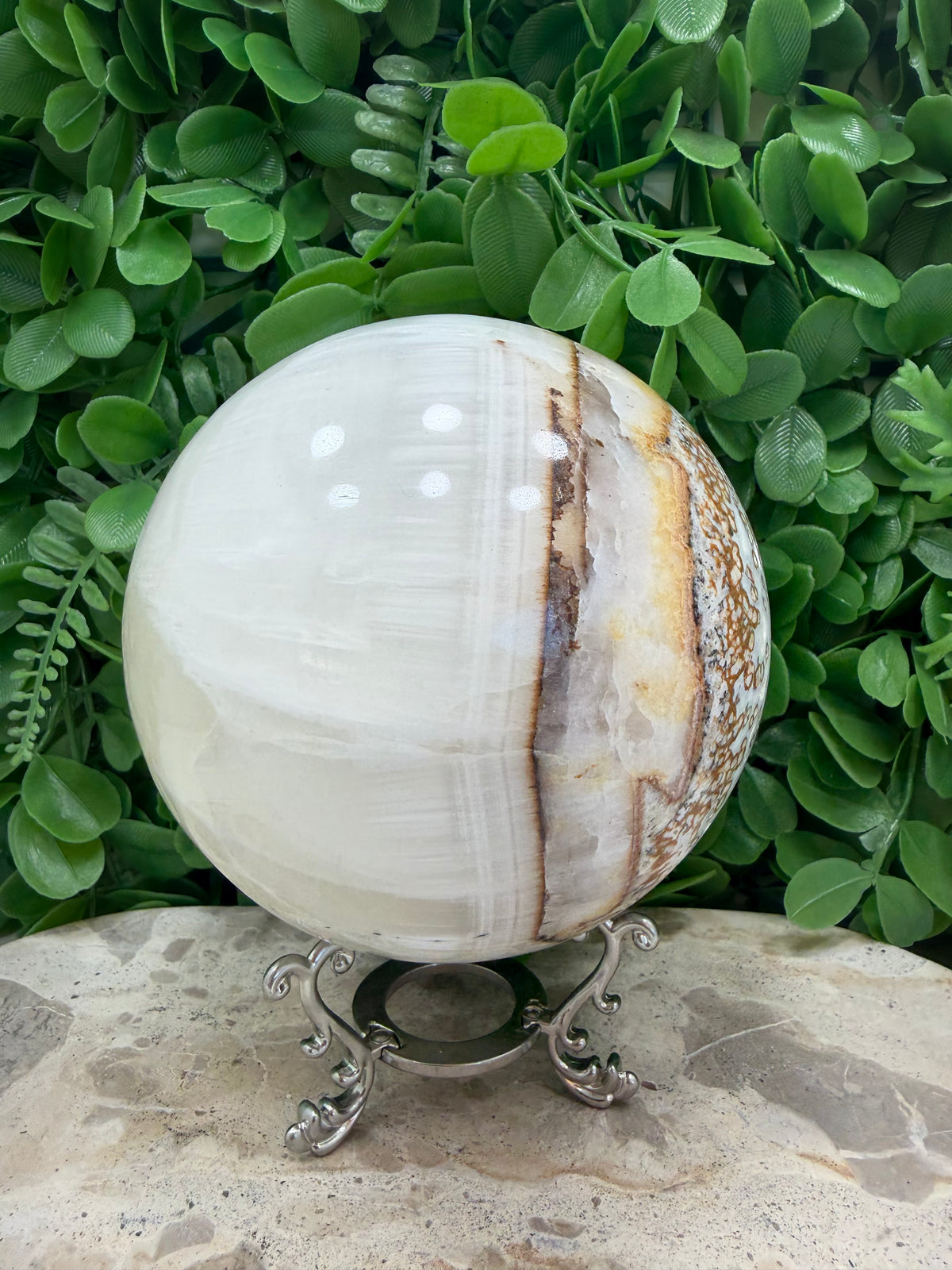 Dendritic Silky White Calcite Sphere 2246g | Calm • Clarity • Balance