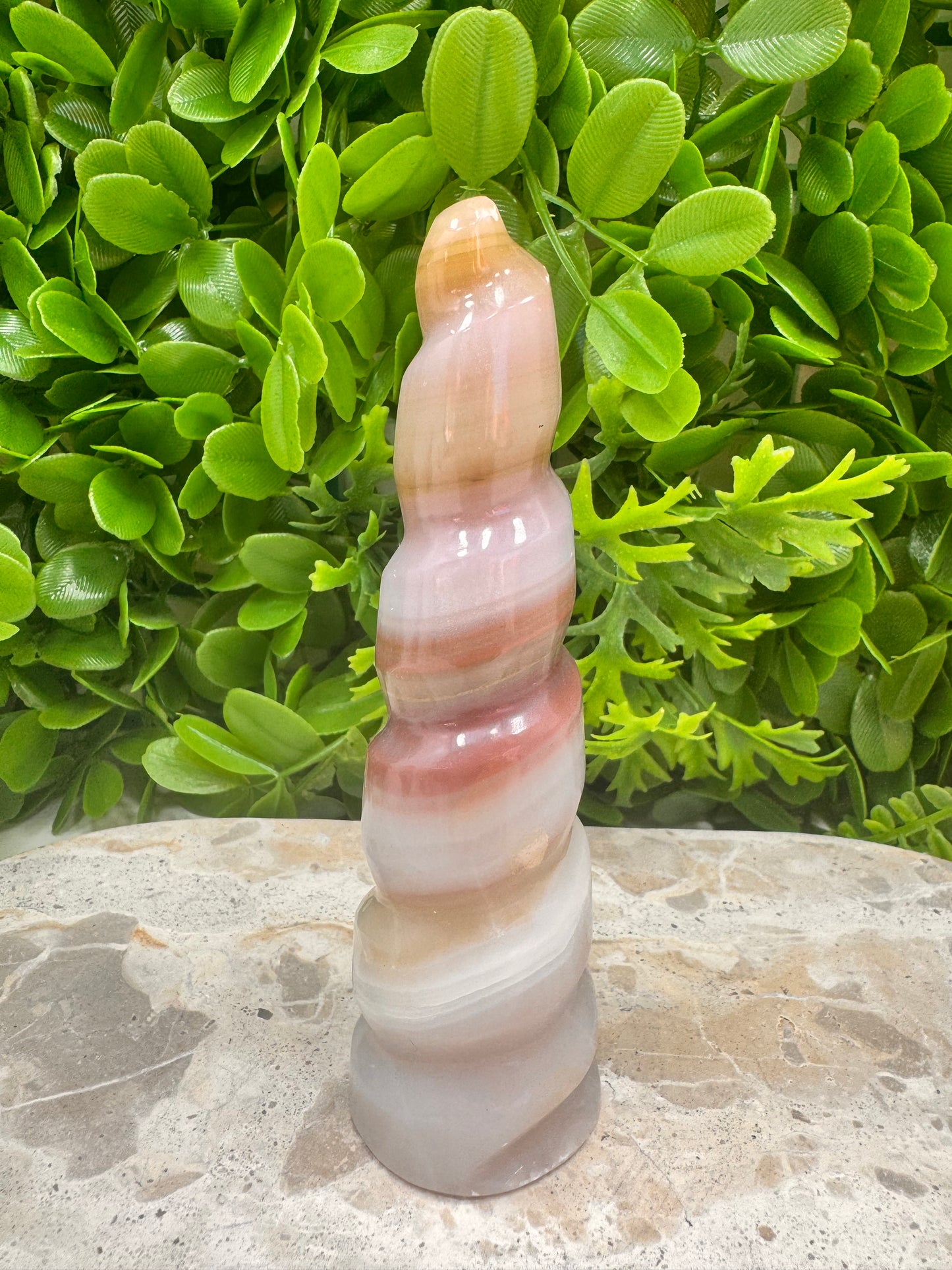 Pink Pistachio Calcite Unicorn Tower 238g