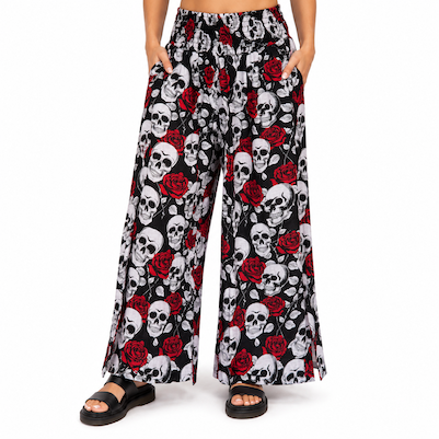 Skull & Roses Print Cotton Pants