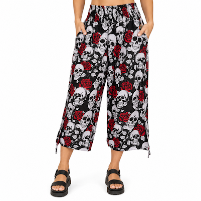 Skull & Roses Print Cotton Women Capri Pants