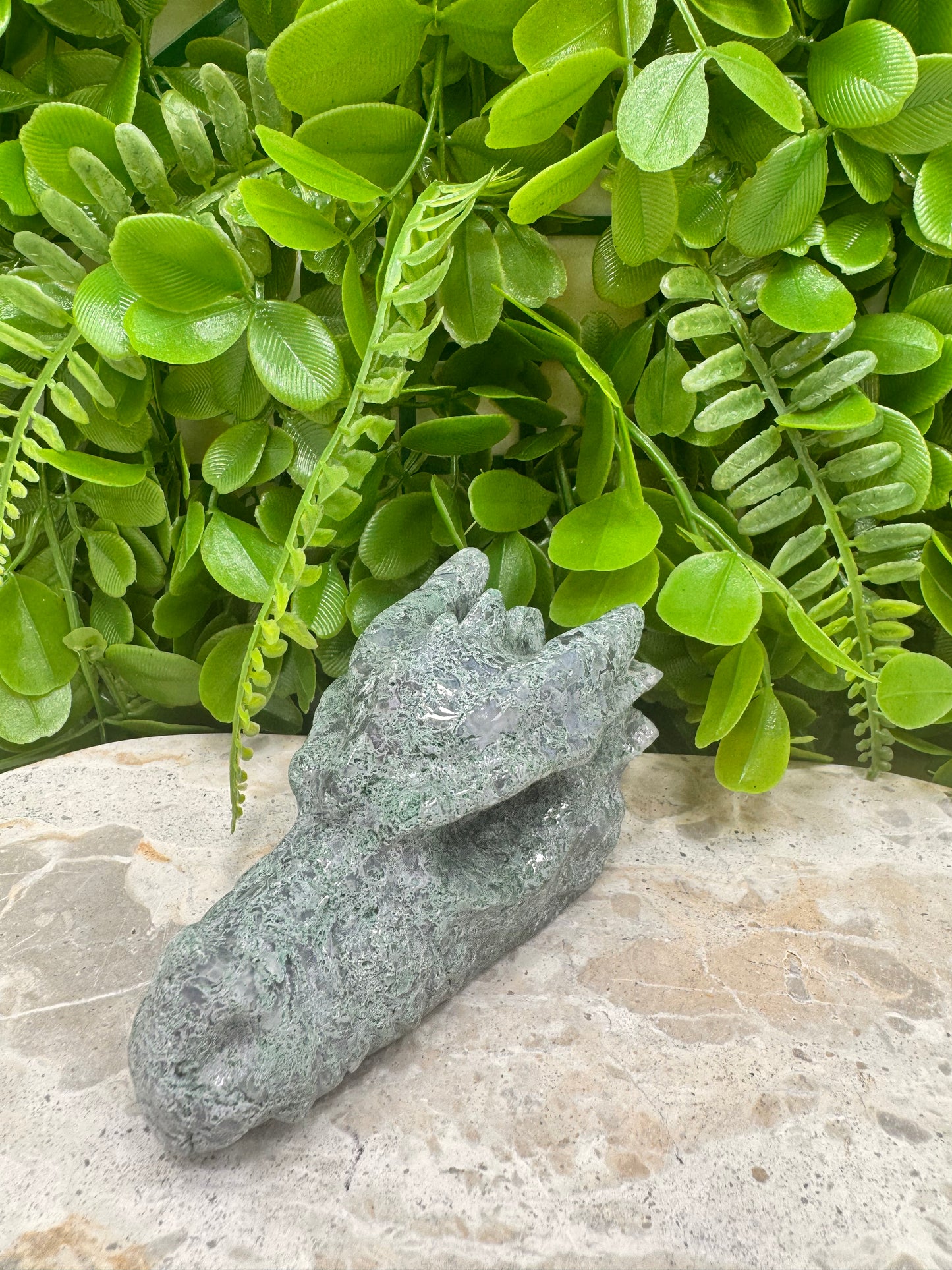 Moss Agate Dragon Skull 270g
