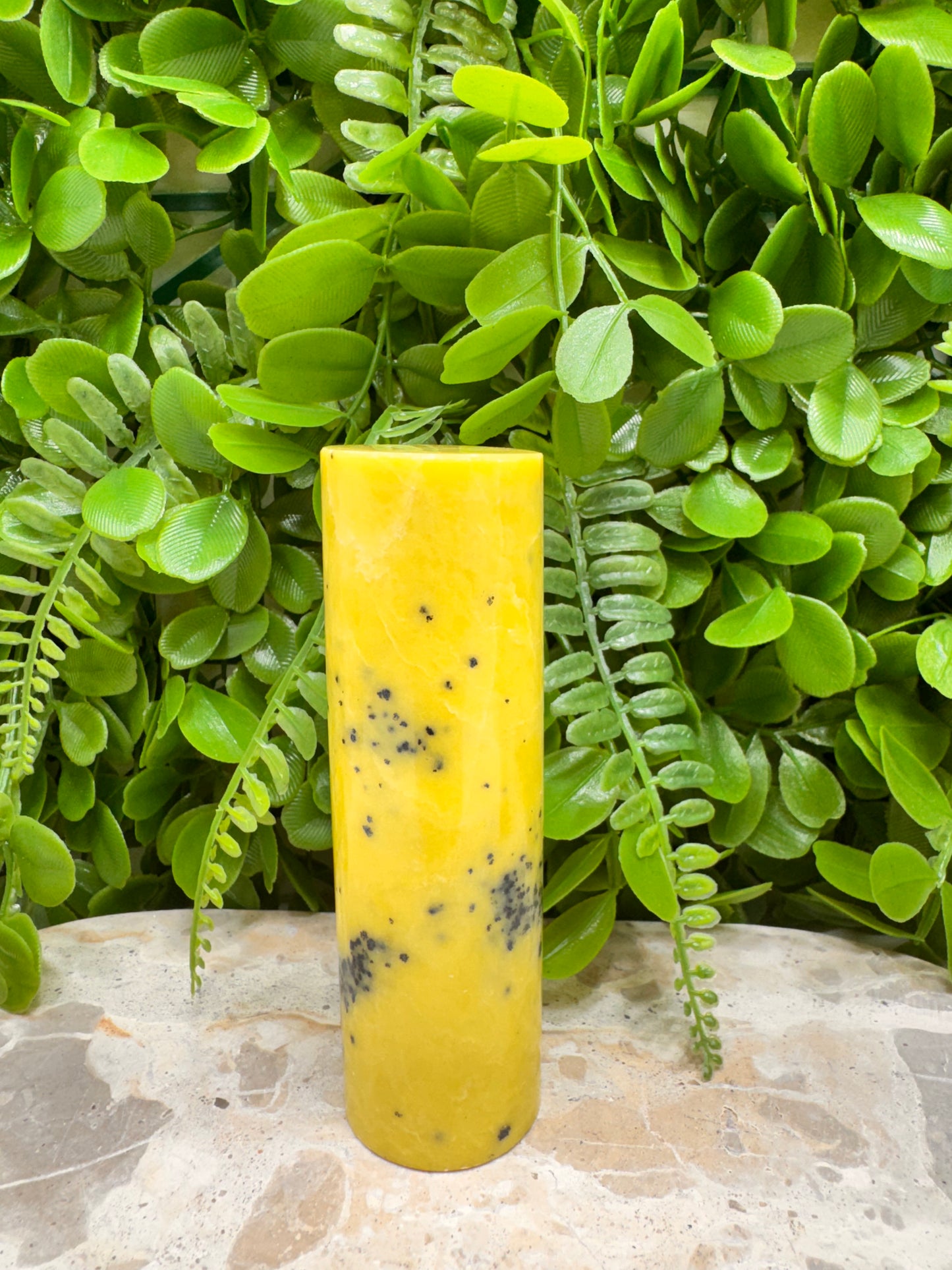 Yellow Jade with Hematite Cylinder 306g