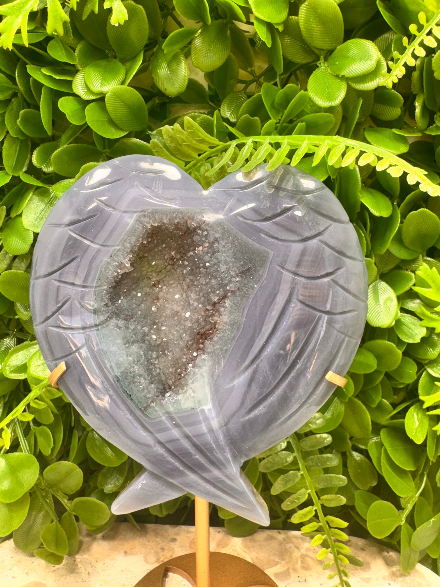 Druzy Agate With Amethyst Wings on Stand 420g